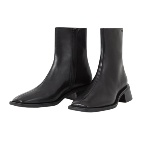 Pair of black leather ankle boots on a white background