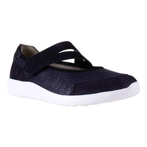Navy shoe with a white sole on a white background