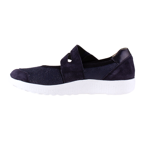 Navy shoe with a white sole on a white background