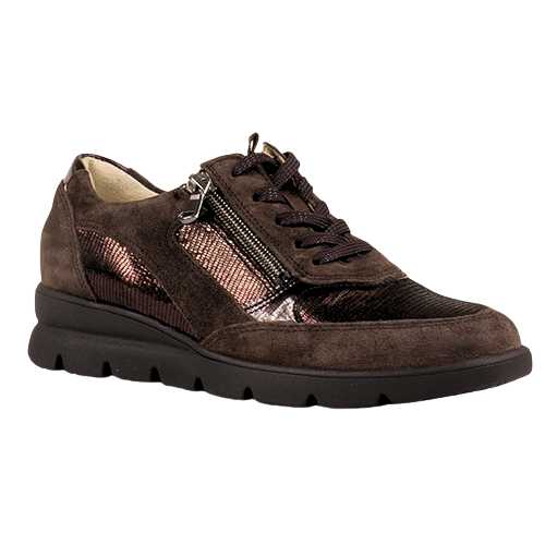 A dark brown textured trainer with a mix of suede, mesh, and metallic patterned panels, featuring a side zipper, laces, and a chunky black sole.