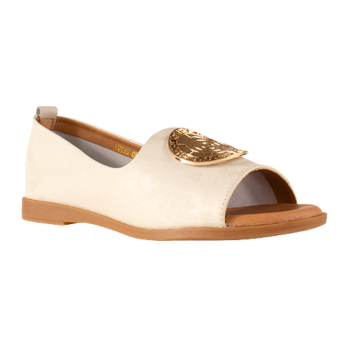 White sandal with gold embellishment on a white background