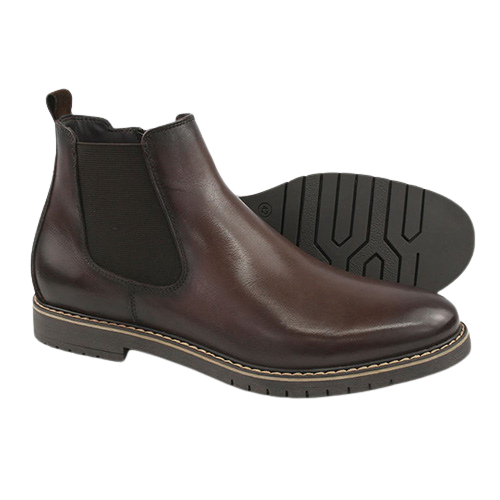 A pair of dark brown leather Chelsea boots, with one boot standing upright to show the side profile and elastic side panel, and the other lying flat to display the treaded outsole.