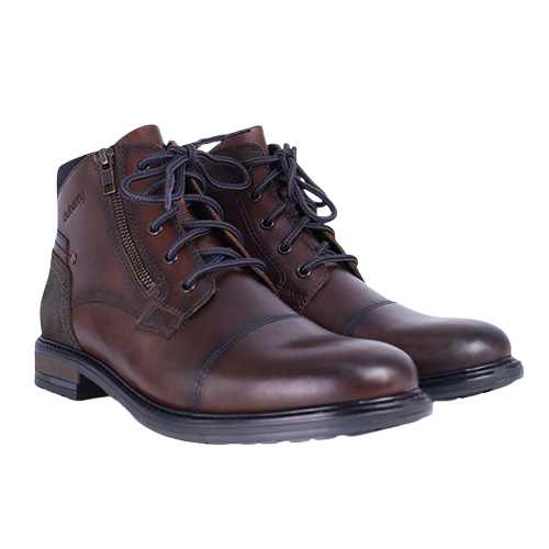 Pair of dark brown leather boots with side zip and laces and suede detail on the back of boot. Taken on a plain background