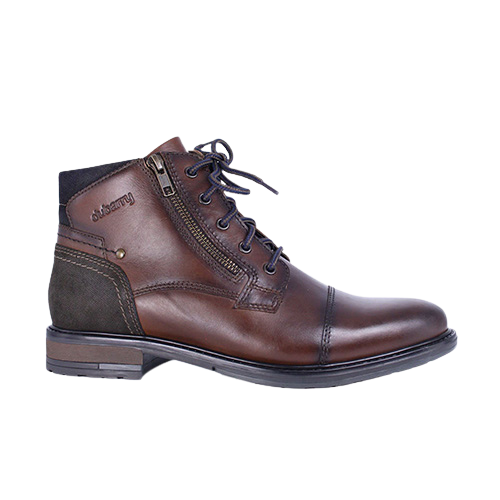 Single dark brown leather boot with side zip and suede detail on the back of boot. Taken on a plain background