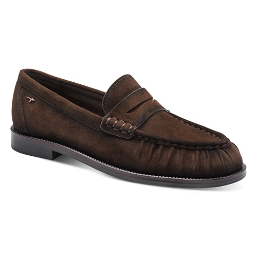 Brown suede loafer shoe on a white background
