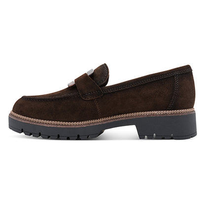 Brown suede loafer with black sole on a white background 