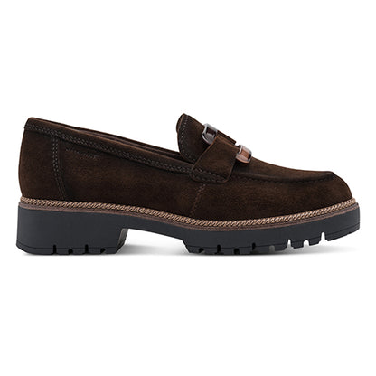 Brown suede loafer with black sole on a white background 