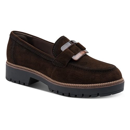 Brown suede loafer with black sole on a white background 