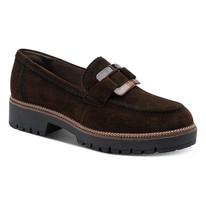 Brown suede loafer with black sole on a white background 