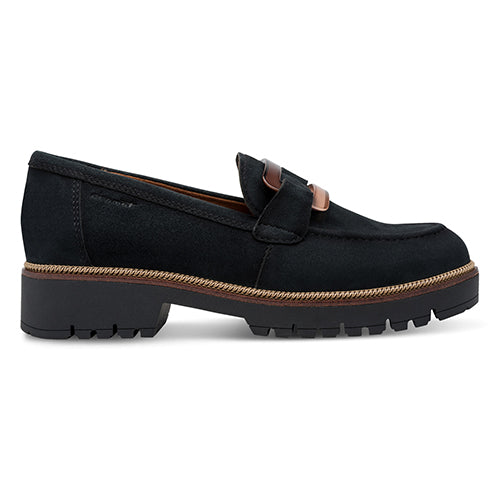 Navy loafer shoe with brown accents on a white background