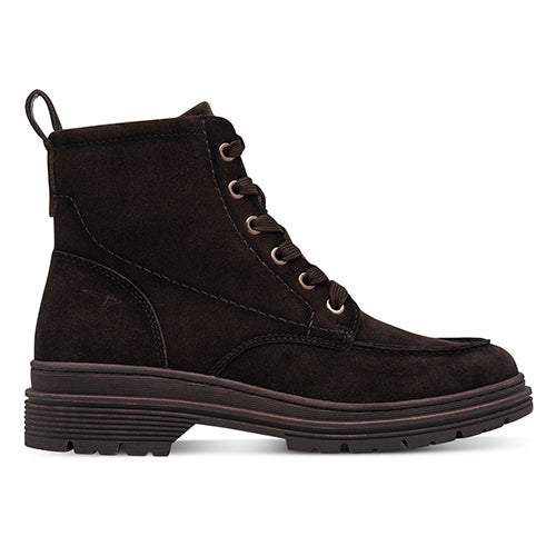 Dark brown suede boot with laces on a white background