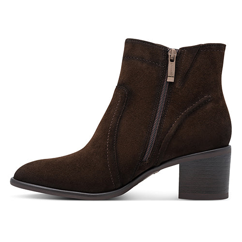 Brown suede ankle boot with a zipper on a white background