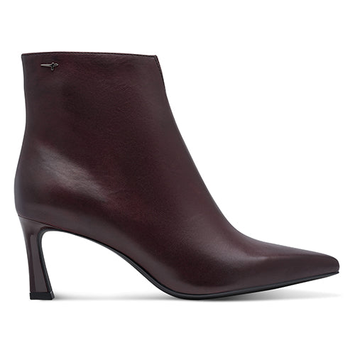 Burgundy ankle boot with a heel on a white background