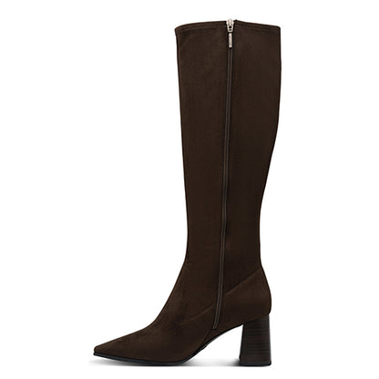 Brown knee-high boot with a zipper on a white background