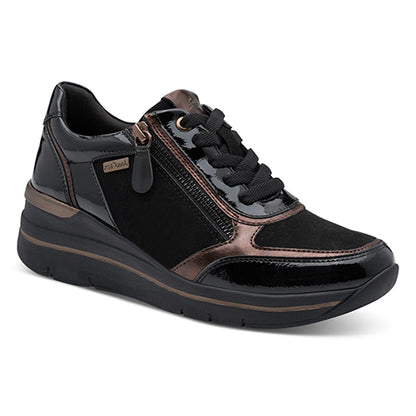 Black shoe with laces on a white background