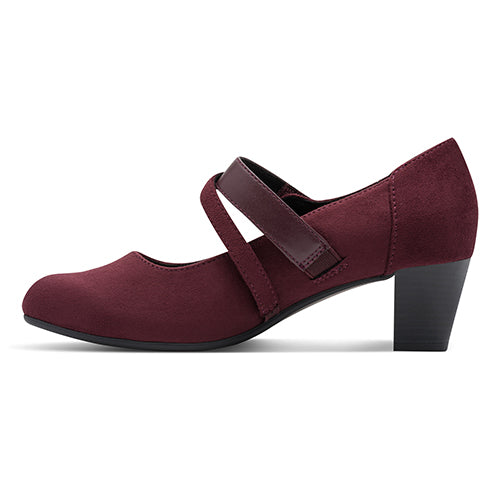 Maroon shoe with a strap on a white background