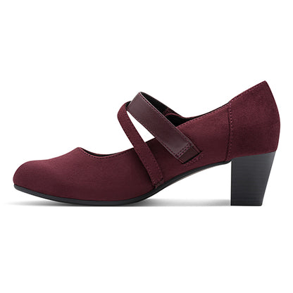 Maroon shoe with a strap on a white background