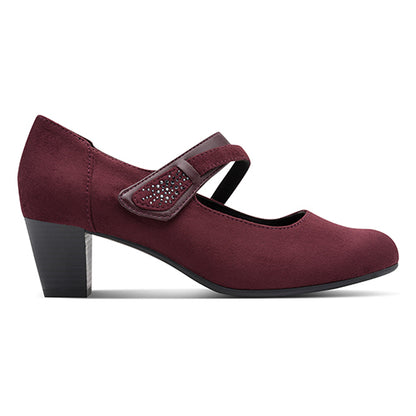Maroon shoe with a strap on a white background
