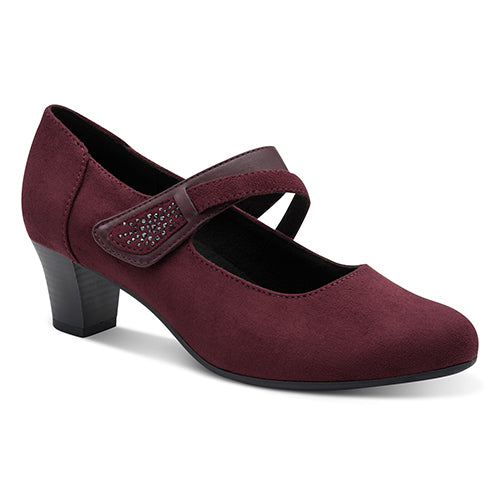Maroon shoe with a strap and rhinestone buckle on a white background