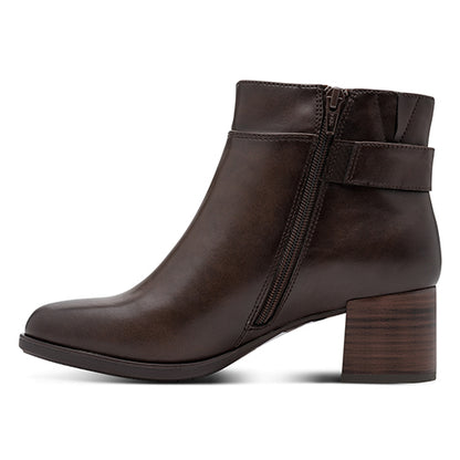 Brown ankle boot with a block heel on a white background