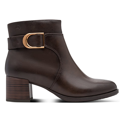 Brown ankle boot with gold buckle on a white background
