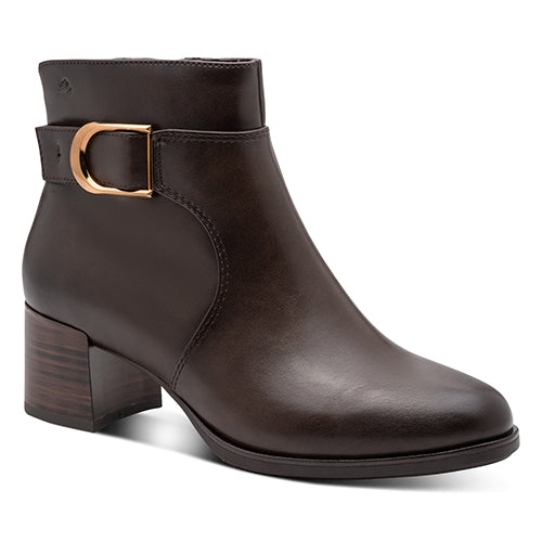 Brown ankle boot with a gold buckle on a white background