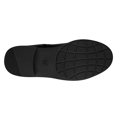 Black shoe sole with a brand logo on a white background
