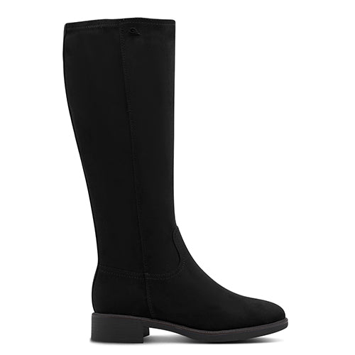Black knee-high boot with a buckle on a white background