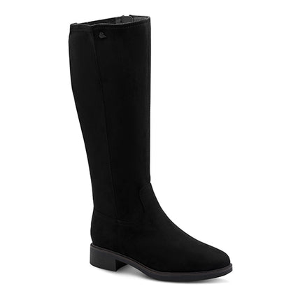 Black knee-high boot with a buckle on a white background