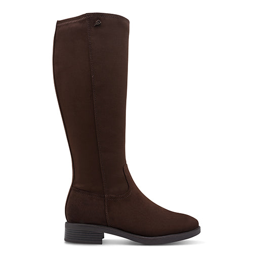 Brown knee-high boot on a white background