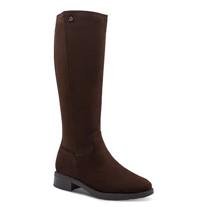 Brown knee-high boot on a white background