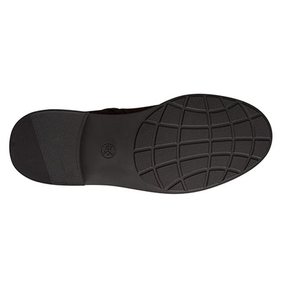 Black shoe sole with a brand logo on a white background
