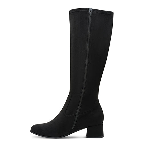 Black knee-high boot with a zipper on a white background