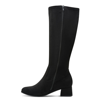 Black knee-high boot with a zipper on a white background