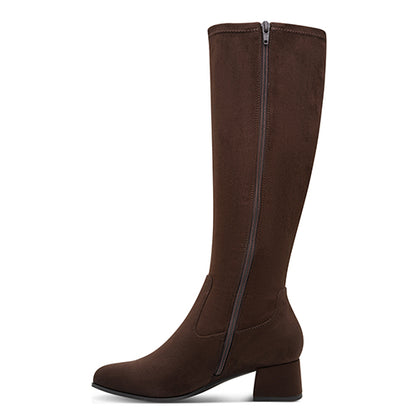 Brown knee-high boot with a zipper on a white background