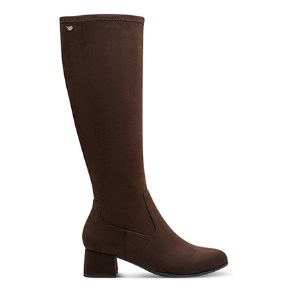 Brown knee-high boot on a white background