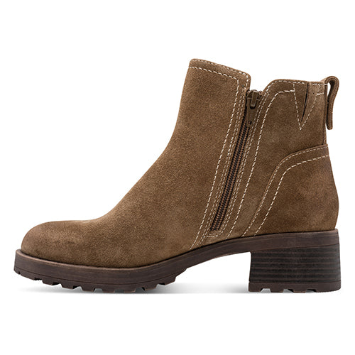 Brown suede ankle boot with a zipper on a white background
