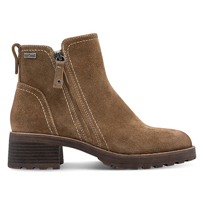Brown suede ankle boot with a block heel on a white background