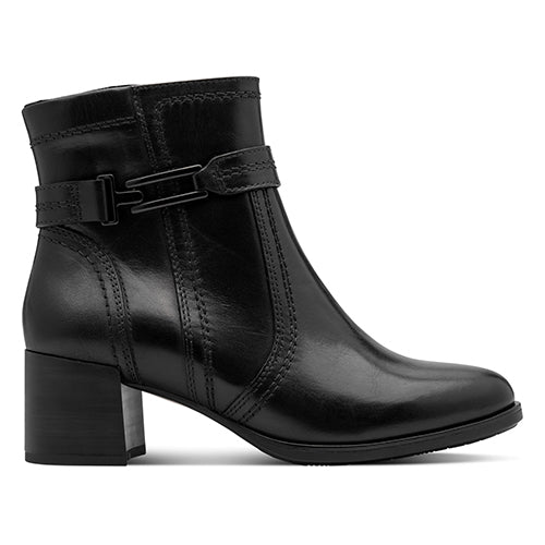 Black leather boot with a buckle on a white background