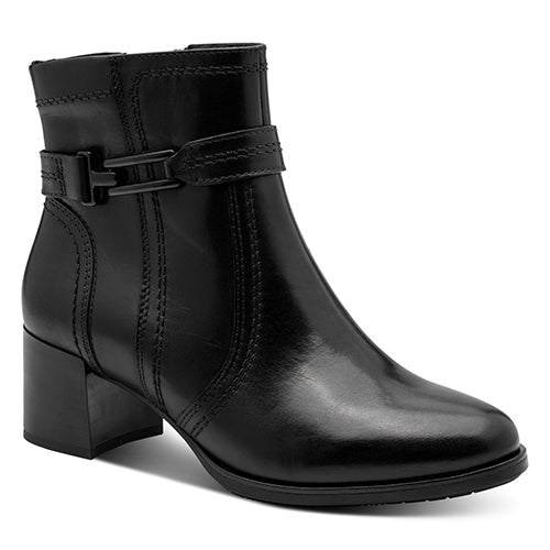 Black leather ankle boot with a buckle on a white background