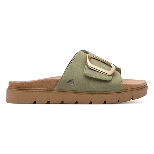 Green sandal with brown sole on a white background
