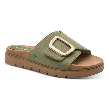 Green sandal with a gold buckle on a white background