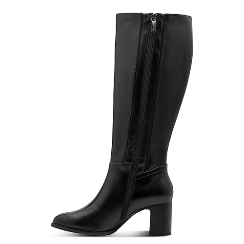 Black knee-high boot with a zipper on a white background