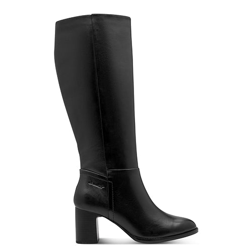 Black knee-high heeled boot on a white background