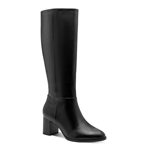 Black knee-high heeled boot on a white background
