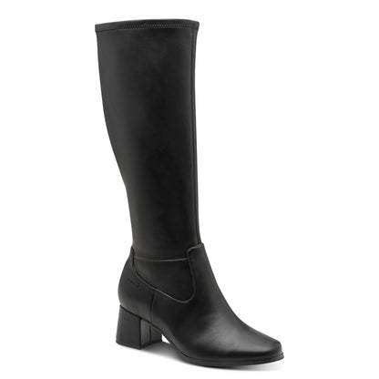 Black knee-high heeled boot on a white background