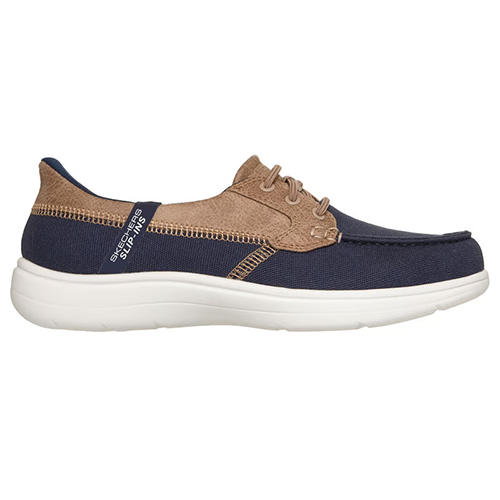Navy and brown shoe with white sole on a white background
