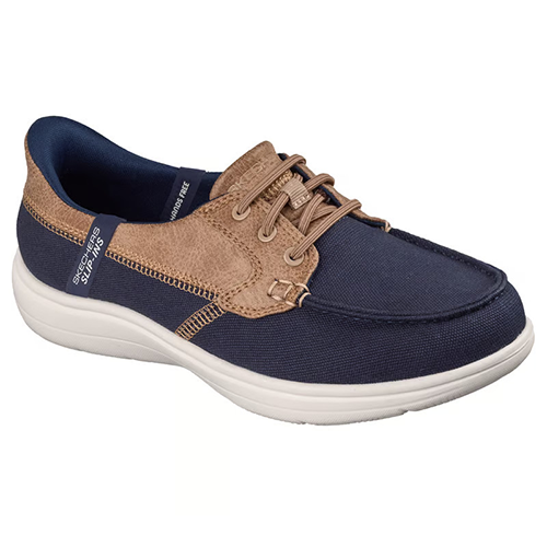 Navy and brown boat shoe with white sole on a white background