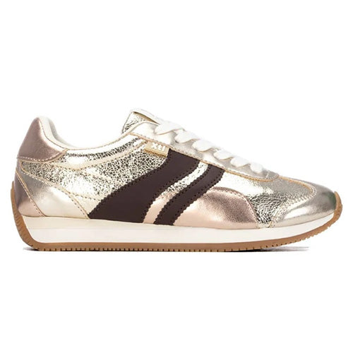A metallic rose gold low-top sneaker with dark brown side stripes, white laces, and a white midsole with a brown gum outsole, shown in a side profile on a white background.
