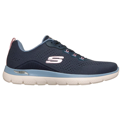 Navy running shoe with white sole on a white background
